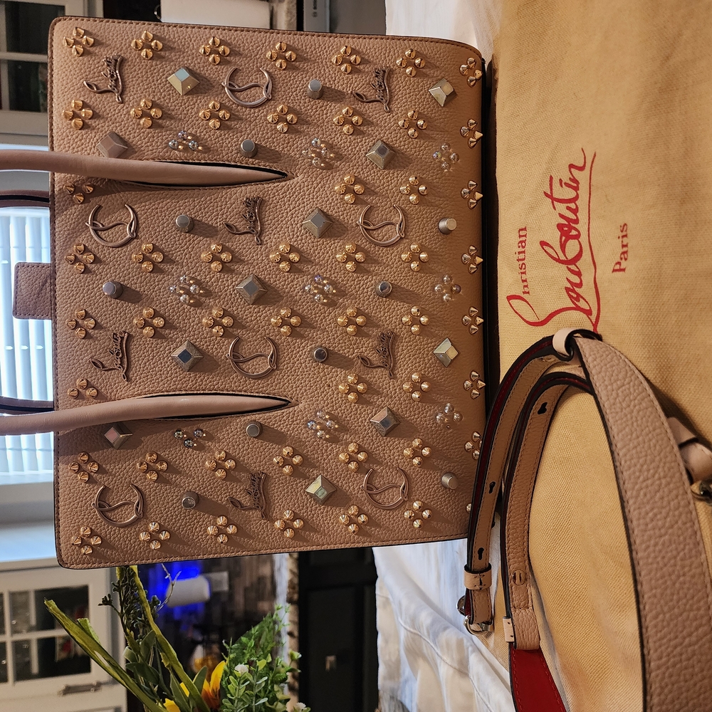Christian Louboutin Cream Satchel with Gold Accents and Structured Design